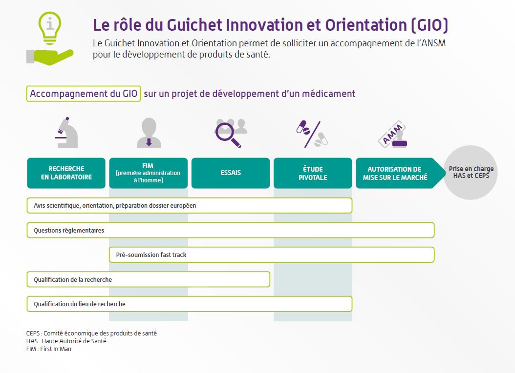 Illustration détaillant les étapes d'accompagnement du Guichet Innovation et Orientation (GIO) sur un projet de développement d'un médicament